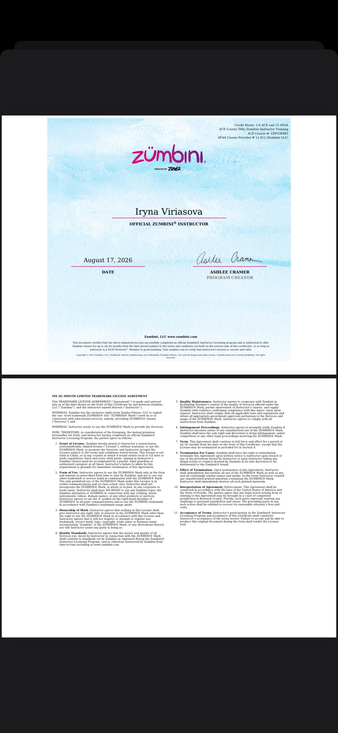 Zumbini instructor certificate issued to Iryna Viriasova on August 17, 2026, signed by program creator Ashlee Cramer.